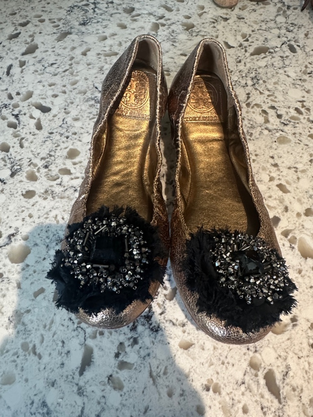 Tory Burch Metallic Bronze Ballet Flats with Black Beaded Rosette